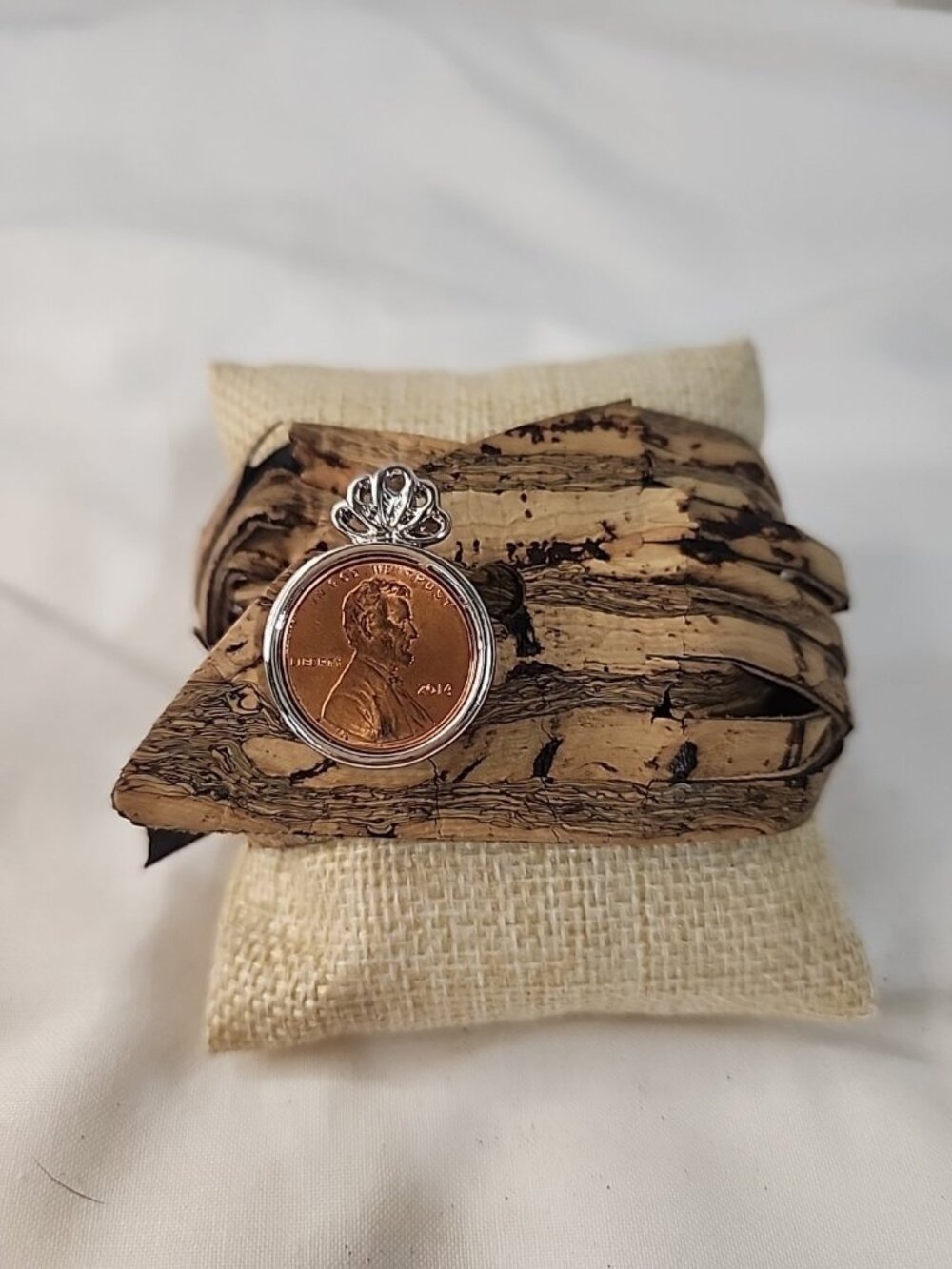 VtgHandmade Cork Wrapped Bracelet With Penny 2014 Penny With Silver Coated Crown